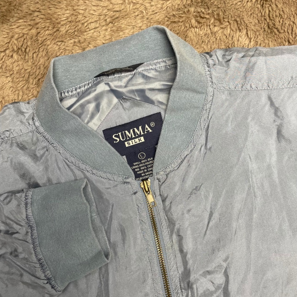 Summa Silk Bomber Jacket Mens Large Blue Gray 100% Silk Full Zip Vintage Style